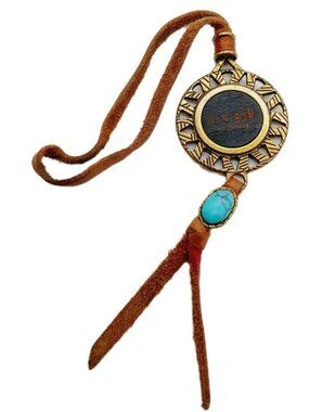 THE SAK Metal Tone Wood Disc Purse Charm Bag Hangtag Fob Turquoise Bead